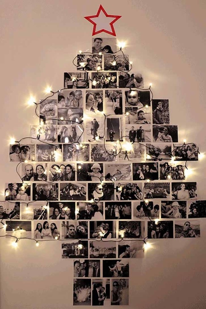 Плоские новогодние елки на стене из фотоснимков